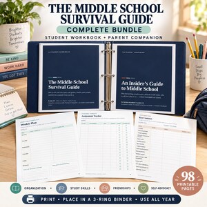Middle School Starter Kit Printable, Survival Guide for Students Plus Parent Companion, Study Skills and Organization Workbook, 98 Page PDF
