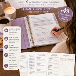 Peut inclure: Un journal de prière numérique de 49 pages intitulé The 5-Minute Prayer Journal, proposant un rythme de 30 jours, des options de 1, 3 et 5 minutes, avec des sections pour la gratitude, l'abandon, la guidance, la force et l'intercession.