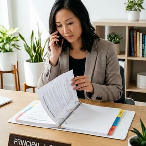 May include: A white three-ring binder with colorful tab dividers sits on a wooden desk. The binder contains documents titled Communication Protocols. A desk nameplate in front reads Principal J. Chen. The scene is set in a professional office.