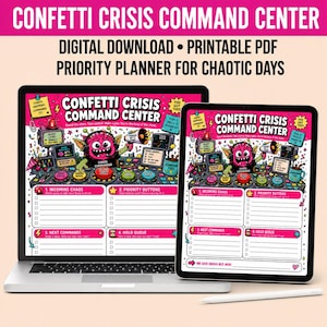 Könnte beinhalten: Ein Laptop und ein Tablet zeigen einen farbenfrohen digitalen Planer mit dem Titel "Confetti Crisis Command Center". Der Planer hat ein Cartoon-Design mit einem Monster-Charakter und Abschnitten zur Aufgabenverwaltung. Der Text enthält "Digitaler Download" und "Druckbares PDF".