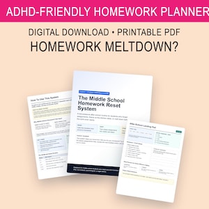 May include: A digital download printable PDF homework planner with the text "ADHD-FRIENDLY HOMEWORK PLANNER" and "HOMEWORK MELTDOWN?". The image shows three white sheets with text and a pink header.