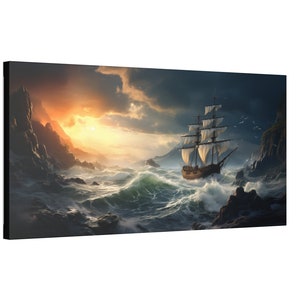 10 Exploration Ship in Tumul Cove Wall Art, Before the Storm Epic Canvas, Large Nautical Horizontal Decor, Coastal Sunset Landscape Present