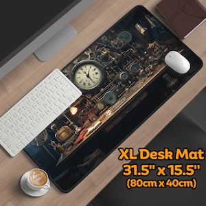 May include: A large, dark brown desk mat with a steampunk design featuring gears, pipes, and a clock. The mat is 31.5 inches by 15.5 inches (80cm x 40cm).