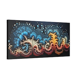 Op de afbeelding: Abstracte kunstprint met een kleurrijk, wervelend ontwerp in blauwe, gele en rode tinten. Het ontwerp lijkt op een gestileerd bloemmotief met ingewikkelde details.