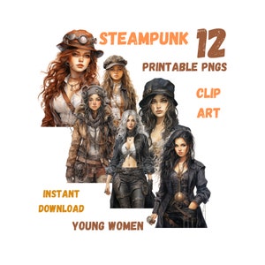 Steampunk Clip Art Junge Frauen 12 druckbare PNGs reguläre und transparente Versionen, 300dpi 13,65"x13,65", Scrapbook, Junk Journal
