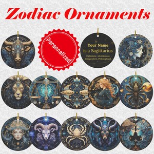 Zodiac Sign Personalized Ornament, Circular Ceramic with ribbon for easy hanging, Gift for Special Days, Present for Mom and Dad