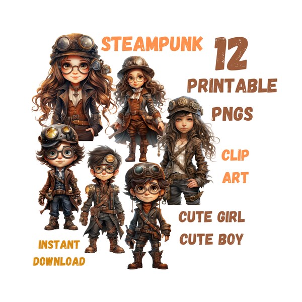 Steampunk Clip Art Cute Girl Cute Boy 12 Printable PNGs Regular and Transparent Versions, 300 dpi, 13.65" x 13.65", Scrapbook, Junk Journal