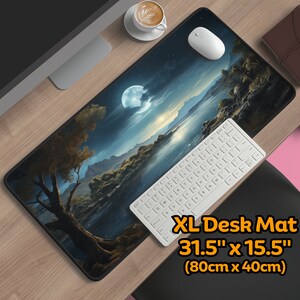 May include: A large, blue and white desk mat with a moon and landscape design. The mat is 31.5 inches by 15.5 inches (80cm x 40cm).