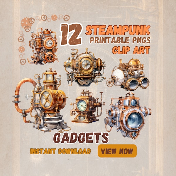 Steampunk Clip Art Gadgets 12 Printable PNGs Scrapbooks, Invitations, Junk Journals, Diaries, Planners, Transparent 300dpi 13.65"x13.65"