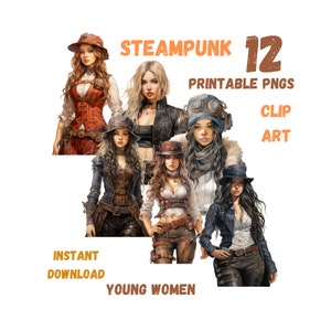 Imágenes prediseñadas de Steampunk de mujeres jóvenes, 12 PNG imprimibles, versiones regular y transparente, 300 ppp, 13,65 x 13,65 pulgadas, álbum de recortes, diario basura