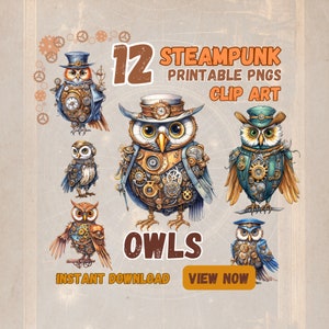 Steampunk Clip Art Sowy 12 Wydrukowane PNG Albumy, Zaproszenia, Dzienniki śmieci, Pamiętniki, Planery, Przezroczyste 300 dpi 13,65"x13,65"