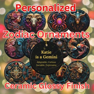 Personalized Zodiac Sign Ornament, Colorful Porcelain Astrology Decoration, Two Sided Circular Tree Decor, Bright Custom Horoscope Gift