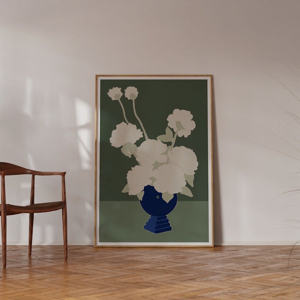 FLORAL SERIES 07 | Colourful Floral Still Life Print | Hand Painted | White, Green & Electric Blue | Digital Download
