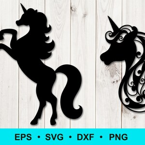 May include: Two black silhouette images of unicorns. One unicorn is standing on its hind legs with its horn pointing up. The other unicorn is a head and neck silhouette with a decorative, swirling mane.