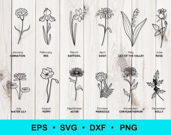 Birth flowers svg, png, dxf, eps. Birth month flowers bundle. Flower silhouette clip art. Commercial use, digital vector clipart.