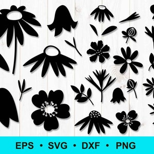 Flor SVG, PNG, DXF, eps. Archivos de corte con forma de flor simple. Silueta minimalista de flores y hojas, contorno de imágenes prediseñadas. Vector digital floral