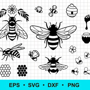 Puede incluir: Un conjunto de archivos de corte SVG de abejas y panales en blanco y negro. El conjunto incluye abejas, panales, flores y un tarro de miel.