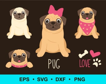 Pug svg, baby cute dog SVG, PNG, DXF, eps.  Dog face svg. Pug puppy clip art. Paw print. Dog cut file. Commercial use digital vector clipart