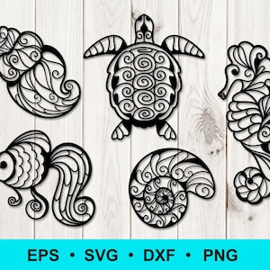 Tartaruga marina in formato SVG, conchiglia in formato SVG, cavalluccio marino in formato SVG, pesce d'oro in formato SVG. File SVG per Cricut. Mandala in formato SVG. Taglio di file. Silhouette. Clipart vettoriali digitali