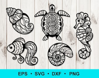 Könnte beinhalten: Fünf Schwarz-Weiß-Linienzeichnungen von Meerestieren: eine Muschel, eine Schildkröte, ein Seepferdchen, ein Fisch und eine spiralförmige Muschel.