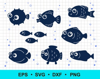 Fish svg, funny cartoon fish svg, sea animals svg, png, dxf, eps. Fish silhouette clip art. Under the sea svg. Svg files for cricut. Vector.