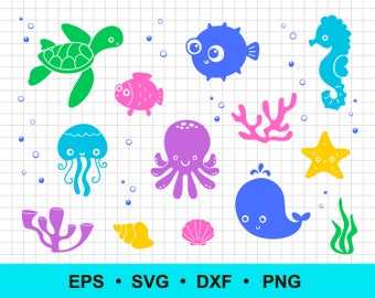 Under the sea SVG, ocean svg, sea animal SVG, png, dxf, eps. Funny fish, octopus, jellyfish, turtle silhouette clip art. Commercial clipart.