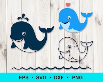 Ballena svg, png, dxf, eps. Linda silueta de ballena clip art. Archivo de corte cricut de ballena de dibujos animados. Animal bebé. Uso comercial, imágenes prediseñadas vectoriales digitales