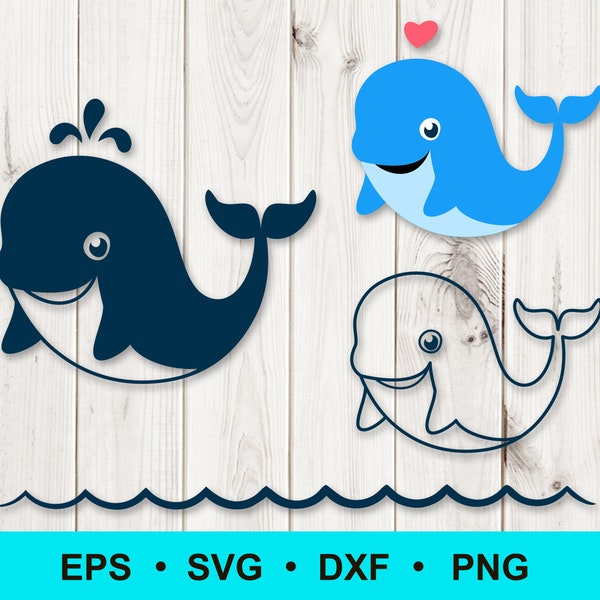 Whale svg, png, dxf, eps. Cute whale silhouette clip art. Cartoon whale cricut cut file. Baby animal. Commercial use, digital vector clipart