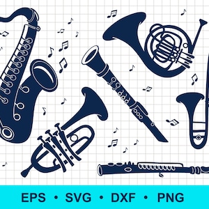 Music svg, music notes svg, saxophone svg, trumpet svg, trombone, flute svg, clarinet svg, horn. Commercial use, digital vector clipart.