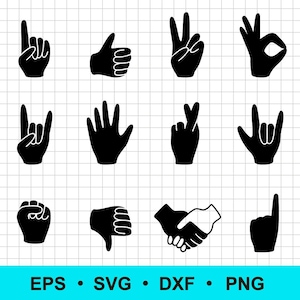 Arquivos SVG de silhuetas de polegar para cima, sinal de paz, OK, rock on, punho, dedos cruzados e aperto de mão para artesanato e projetos DIY para corte a laser