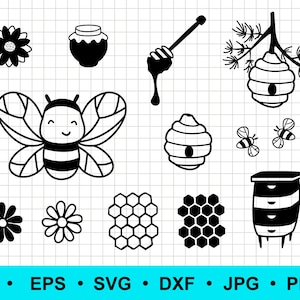 Bee honing SVG, honing kam SVG silhouet clipart. Bijenkorf, hommel. Bloemsilhouet, omtrek. Cricut gesneden bestanden SVG, EPS, PNG, DXF, JPG