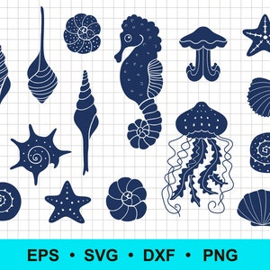 Seashell svg, seahorse svg, jellyfish svg, starfish svg, png, dxf, eps. Under the sea silhouettes. SVG files for Cricut. Vector clipart.