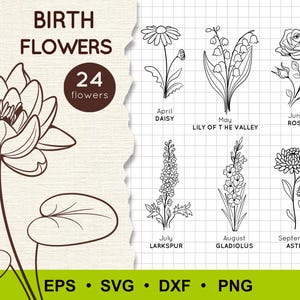 Birth Flowers SVG Files. Birth Month Flowers Png, Dxf, Eps. Silhouette, Outline SVG Files for Laser Cutting and Crafting. Wildflowers.