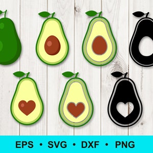 May include: Set of six avocado-shaped SVG cut files. The files include whole avocados, halved avocados, and avocados with a heart-shaped pit. The files are in black and green.