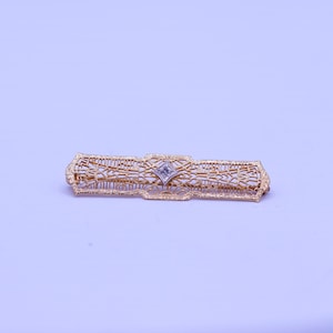 Antique Art Deco 14K Gold Diamond Filigree Bar Pin Brooch