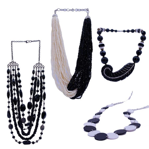 4 Vintage Black & White Beaded 90's Necklaces, Ke… - image 9