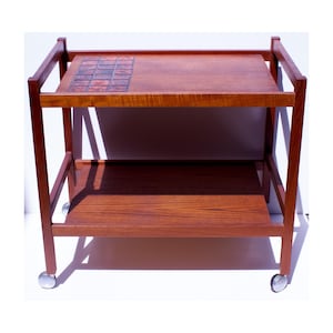 Mid-Century Modern Danish Teak & Lava Tile Cocktail Trolley Bar Serving Cart