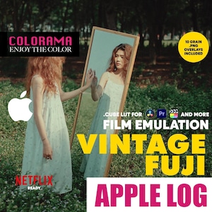 Puede incluir: Una ilustración digital de un LUT de emulación de película vintage para usar en software de edición de video. La imagen presenta a una mujer con un vestido blanco mirándose en un espejo. El texto "COLORAMA ENJOY THE COLOR" está en la parte superior de la imagen. El texto "CUBE LUT FOR FILM EMULATION VINTAGE FUJI APPLE LOG" está en la parte inferior de la imagen. El texto "10 GRAIN .PNG OVERLAYS INCLUDED" está en la esquina superior derecha de la imagen.