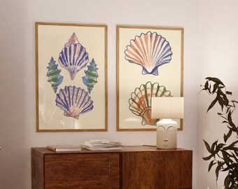 Conjunto de 2 estampados de conchas marinas azules, casa de playa, decoración de habitaciones playeras, nieta costera, póster de surf en el océano, decoración de dormitorios preppy para niñas universitarias