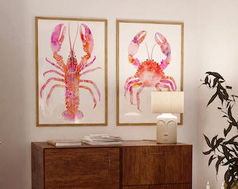 Set med 2 rosa hummer- och krabbaposters, strandrumsdekor, preppy studentrumsdekor, kustmormor, snäckskalskonst, surfstrandhus, kokosflicka