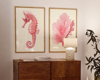 Conjunto de 2 carteles costeros de color rosa intenso, decoración de habitaciones playeras, arte de conchas marinas de caballito de mar, póster de surf, decoración de dormitorios preppy, casa de playa, chica de coco