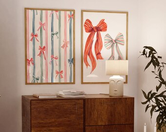 Conjunto de 2 estampados de lazos a rayas, decoración de habitación coqueta, póster de muy buen gusto, arte pastel danés, decoración del hogar antiguo, cartel francés vintage, verde salvia