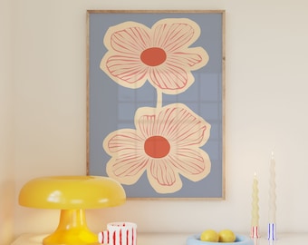 Poster di fiori blu pastello danesi, stampa del mercato dei fiori, dormitorio del college preppy, arredamento della dopamina, arte della parete dell'appartamento colorato, illustrazione alla moda