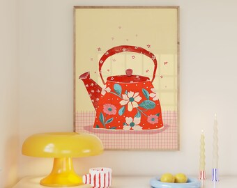Impresión de cocina a la hora del té, cartel pastel danés, decoración floral de dopamina, dormitorio universitario preppy, cartel de café de moda, arte de pared de apartamento peculiar