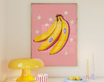 Impresión de plátano, cartel pastel danés, dormitorio universitario preppy, decoración de dopamina, arte de pared de apartamento colorido maximalista, ilustración digital de moda