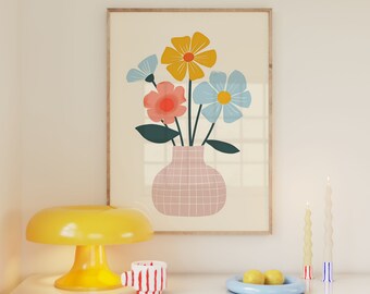 Cartel pastel danés floral, impresión del mercado de flores, dormitorio universitario preppy, apartamento colorido, arte de pared de moda, ilustración digital, habitación femenina