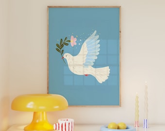 Impresión de paz de pájaro paloma, cartel pastel danés, dormitorio universitario preppy, decoración de dopamina, arte de pared de apartamento colorido maximalista ilustración de moda