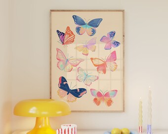 Impresión de mariposas, cartel pastel danés, dormitorio universitario preppy, decoración de dopamina, arte de pared de apartamento colorido maximalista ilustración Y2K de moda