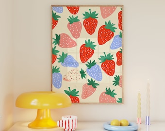 Impresión de fresa, cartel pastel danés, arte de pared de cocina peculiar, mercado de frutas retro, decoración de dopamina, apartamento colorido, ilustración de moda