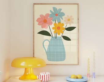 Cartel pastel danés floral, impresión del mercado de flores, dormitorio universitario preppy, apartamento colorido arte de pared de moda ilustración azul claro habitación femenina
